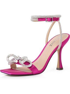 Women's Satin Pink Double Bowknot Open Toe Sparkly Strappy Party Wear Heels
